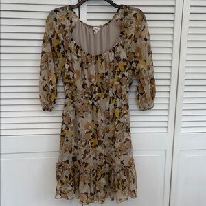 Candies Junior Sz Med Floral Chiffon Mini Dress 3/4 sleeve Brown Green